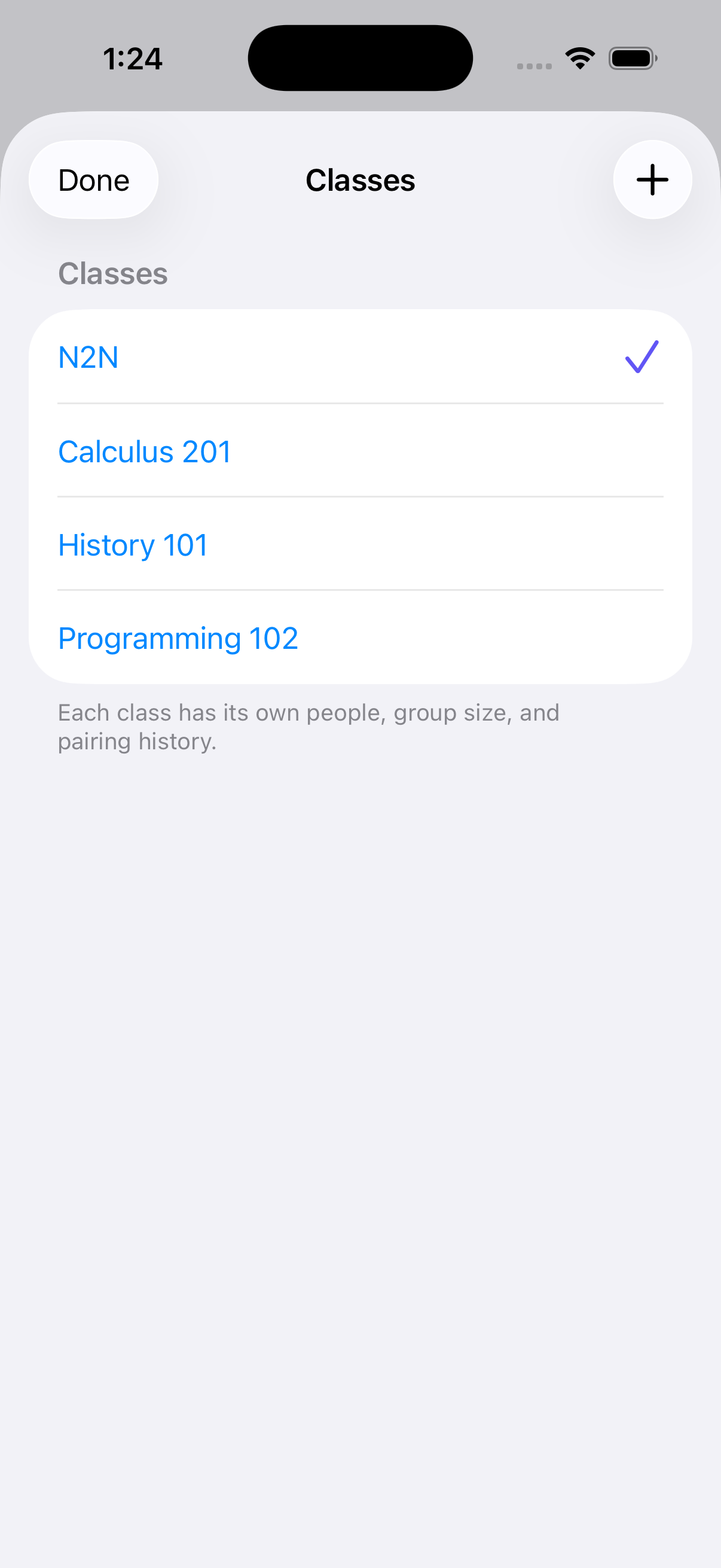 Breakout Helper class picker with N2N, Calculus 201, History 101, and Programming 102.