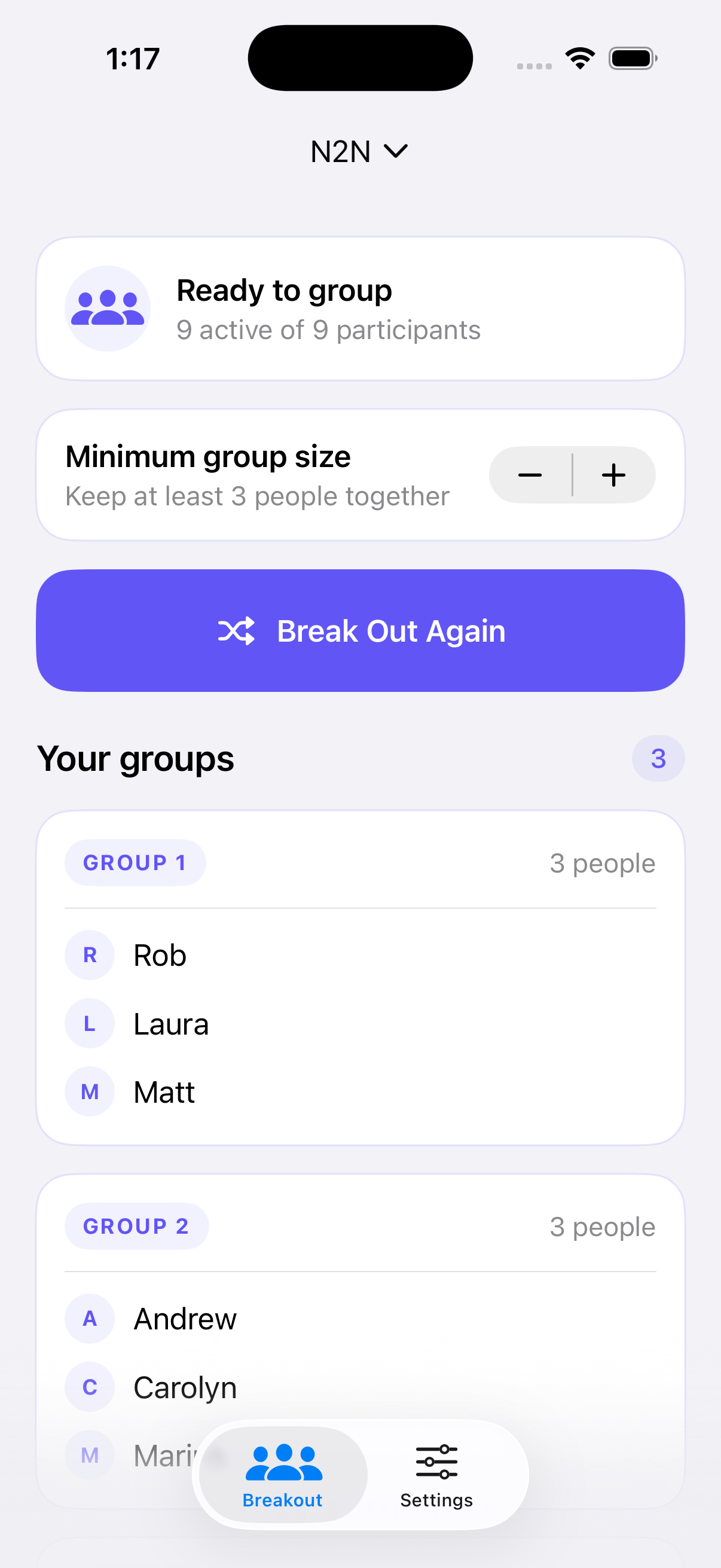 Breakout Helper showing three generated student groups.