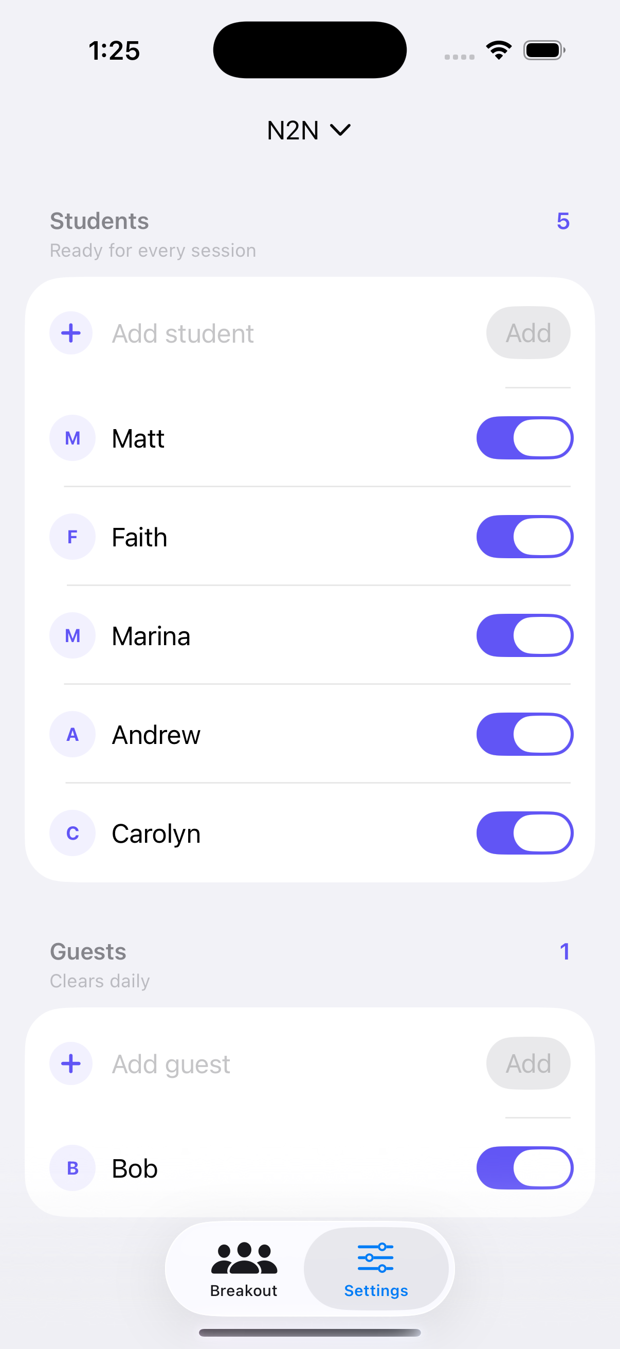 Breakout Helper settings listing students and guests with controls to include or exclude each person.